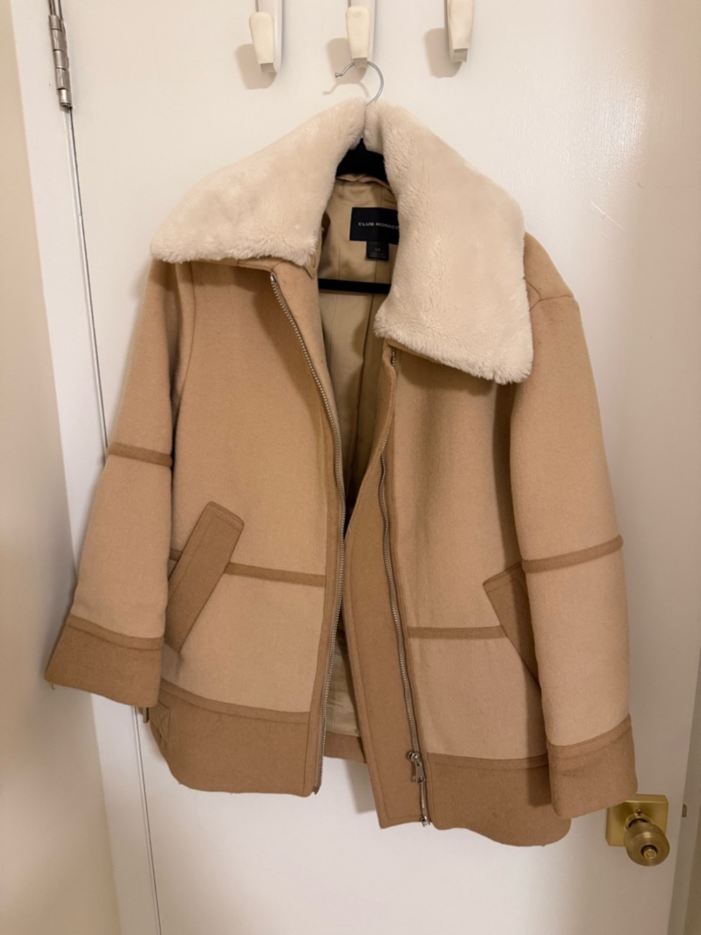 Club Monaco Tan Wool Teddy Jacket with Cream Shearling Collar